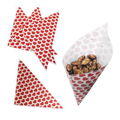 Paper cone bag with heart motif in red