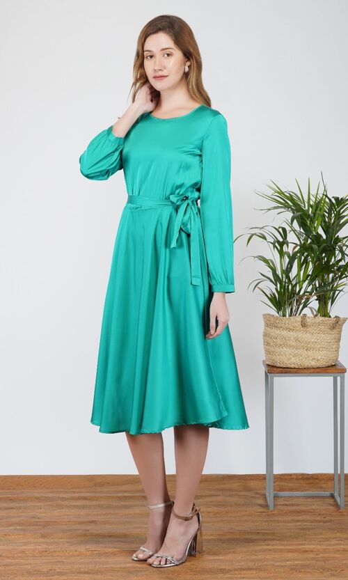Elegant Long Sleeve Midi Satin Dress Green