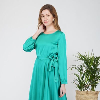 Elegant Long Sleeve Midi Satin Dress Green