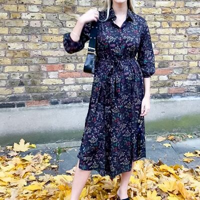 Black Floral Print Shirt Dress