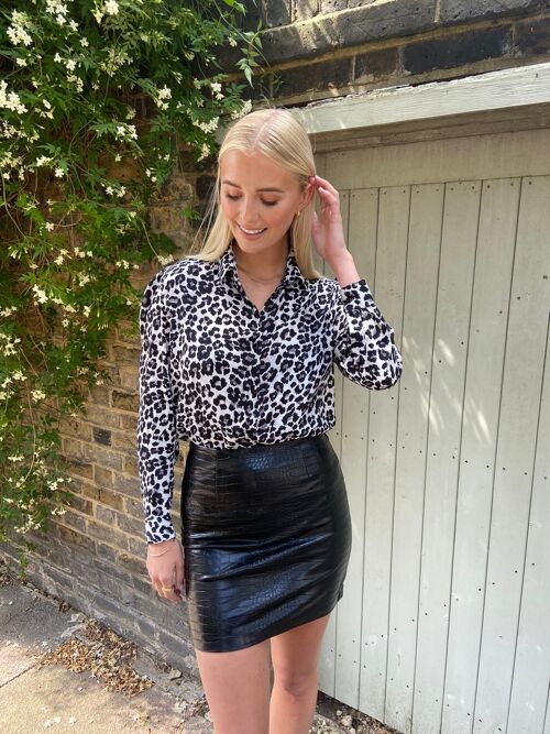 Black Satin Shirt -  Leopard Print