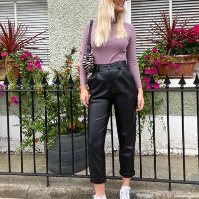 Black Faux Leather High Waisted Trousers -  Black