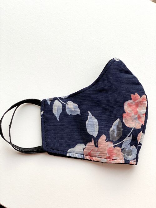 Face Covering Three Layers Reusable Face Mask Flower Printed Navy - Florals