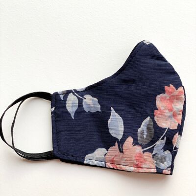 Gesichtsbedeckung, dreilagig, wiederverwendbare Gesichtsmaske, mit Blumenmuster, Marineblau – Blumenmuster