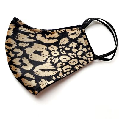 Maschera per il viso riutilizzabile a tre strati con stampa floreale blu navy - Leopardo oro e nero