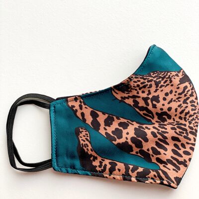 Face Covering Three Layers Reusable Face Mask Flower Printed Navy - Teal Leopard