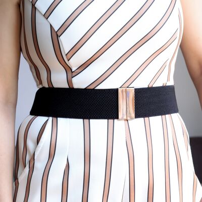 Black Wide Waist Belt With Gold Buckle