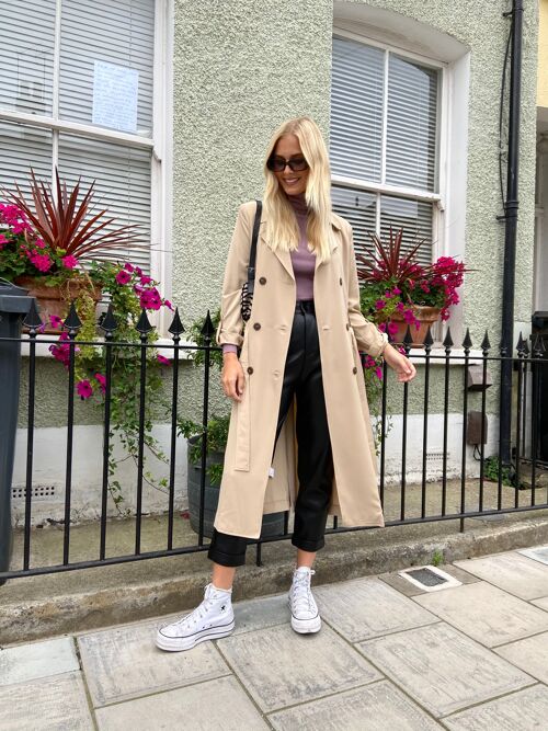 Long Camel Belted Trench Coat