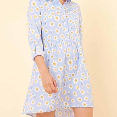 Robe chemise à imprimé marguerite en bleu