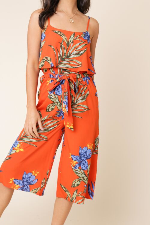 Orange Tropical Print Culotte Jumpsuit