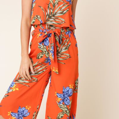 Combinaison jupe-culotte orange à imprimé tropical