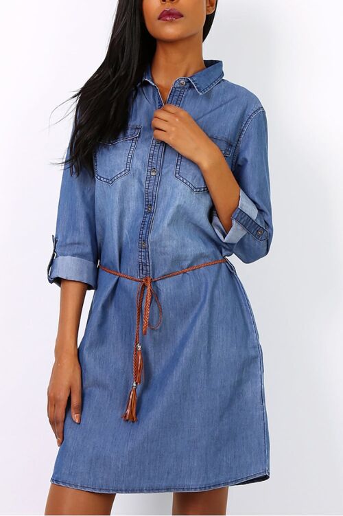 Denim Shirt Style Dress With Belt