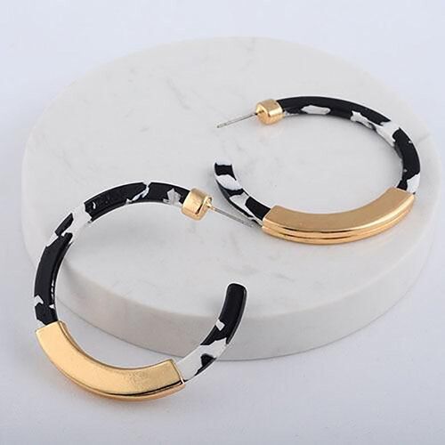 White & Gold Hoop Earrings - Black & White Marble