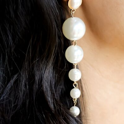 Long Pearl Drop Statement Earrings- White