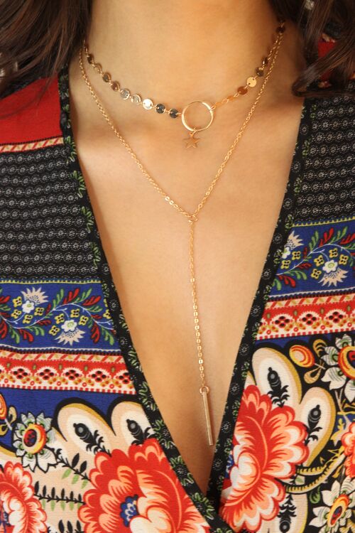 Gold Sequin Star Long Layered Chain Necklace