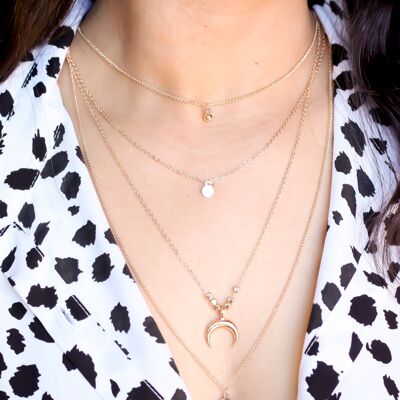 Gold Layered Horn and Disk Long Chain Necklace