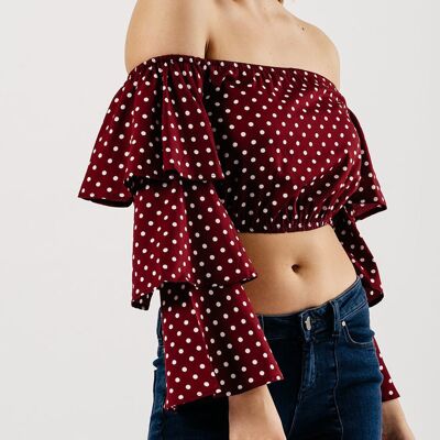 Crop top bordeaux à pois et manches étagées Bardot