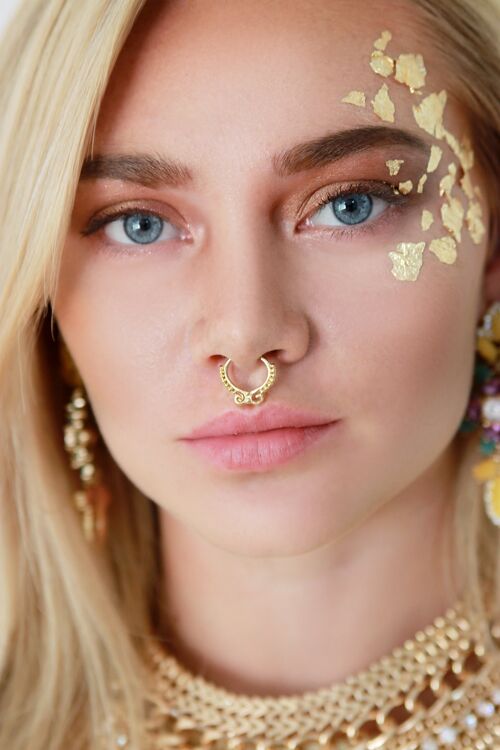 Gold Ethnic Detailed Hoop Septum Nose Ring