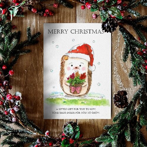 Christmas Card with a gift of seeds - Herby Hedgehog