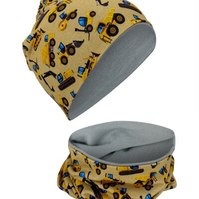 Véhicules de Construction pour Enfants Garçons Filles Bonnet Bonnet et Écharpe Boucle Ensemble - Réversible - 2-8 Ans - 95% Coton - Matériau Doux et Facile d'Entretien Printemps Été Automne Hiver