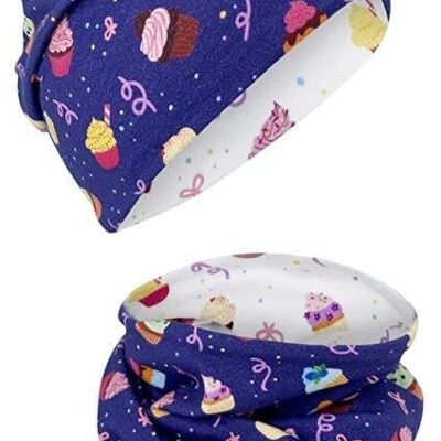 Kids Cake Cookies Girls Beanie Hat & Loop Scarf Set - reversible - 2-8 years - 95% cotton - soft & easy-care material Spring Summer Autumn Winter