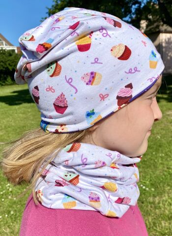 Kids Cake Cookies Girls Beanie Hat & Loop Scarf Set - réversible - 2-8 ans - 95% coton - matière douce et facile d'entretien Printemps Été Automne Hiver 10