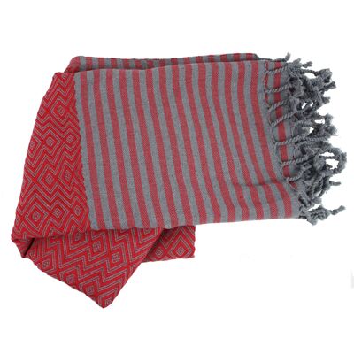 Asciugamano Fouta rosso-grigio in cotone, fatto a mano