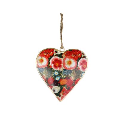 Metal heart window decoration with red floral pattern