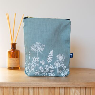 Large Linen Toiletry Bag Garden Design - Duck egg blue