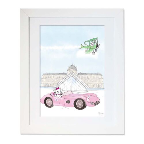 A cat a sport car and the Louvre