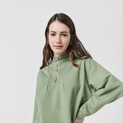 MIHAI Sweatshirt With Rib Detail and Half-Zipper in Green
