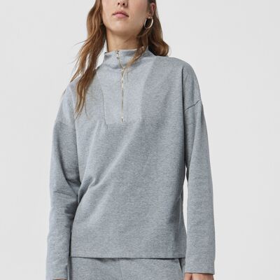 MIHAI Sweatshirt With Rib Detail and Half-Zipper in Gray