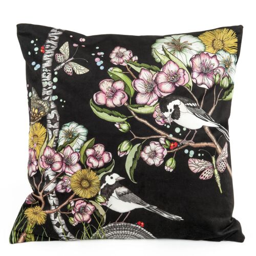 Cushion cover 50x50 cm velvet Wagtails spring black
