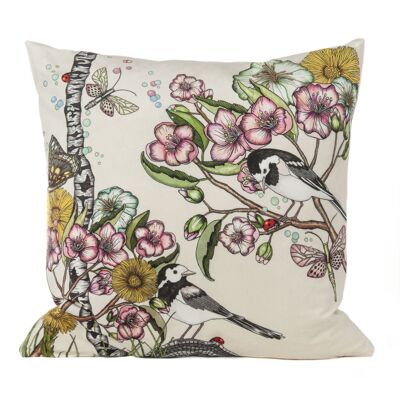 Cushion cover 50x50 cm velvet Wagtails spring offwhite