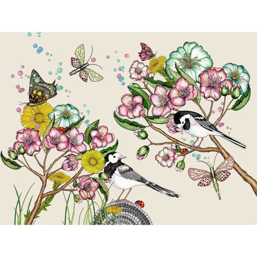 Poster 40x30 cm Wagtails spring offwhite