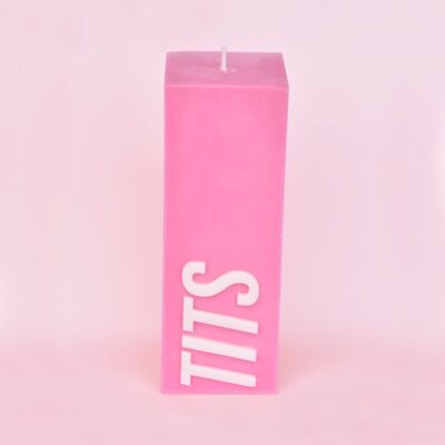 Vela de pilar con eslogan de TETAS con lazo rosa