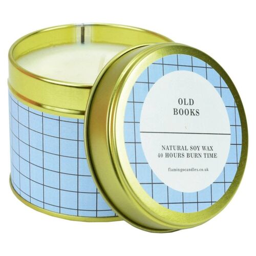 Old Books Blue Grid Tin Candle