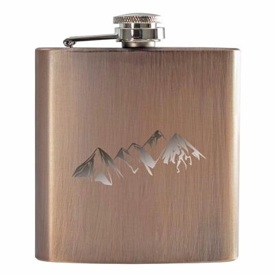 Bronze-look stainless steel hip flask with mountain motif