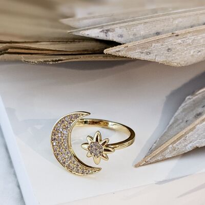 Zircon moon & star adjustable ring