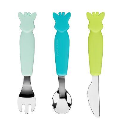 Sophie the giraffe silicone cutlery set on white-red card