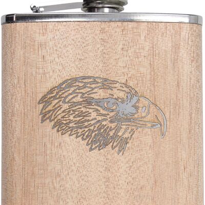 Flask made of stainless steel with real wood casing and eagle head motif