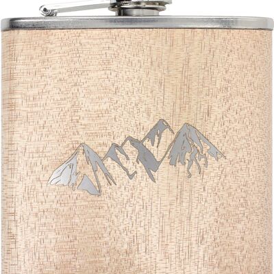 Flask made of stainless steel with real wood casing and mountain motif