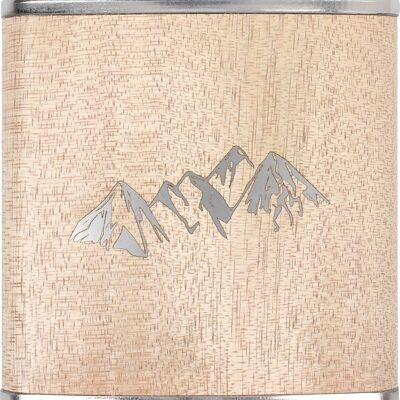 Flachmann aus Edelstahl mit Echtholzmantel und Berg-Motiv