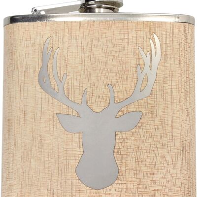 Flask made of stainless steel with real wood casing and deer motif
