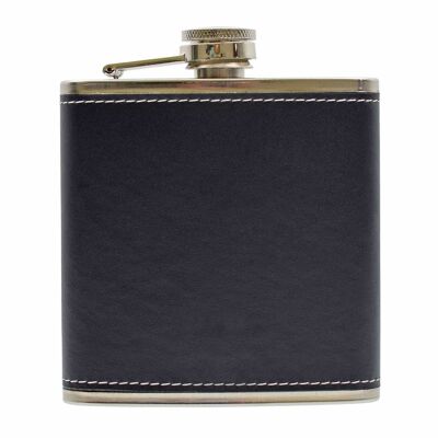Hip flask made of stainless steel with a black leather coating