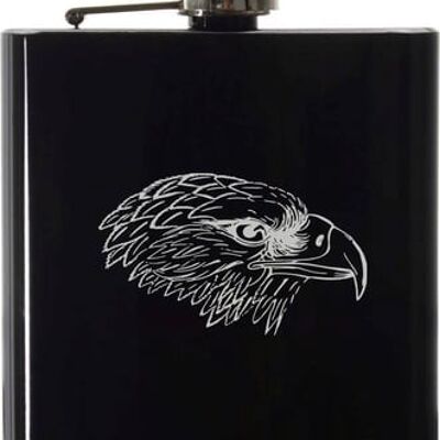 Black stainless steel hip flask with eagle head motif