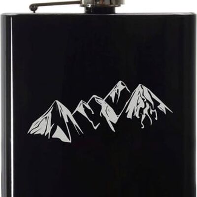 Black stainless steel hip flask with mountain motif