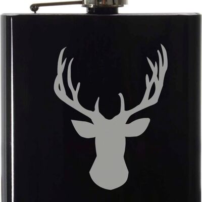 Black stainless steel hip flask with deer motif
