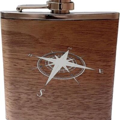 Flask made of stainless steel with real wood casing and compass motif