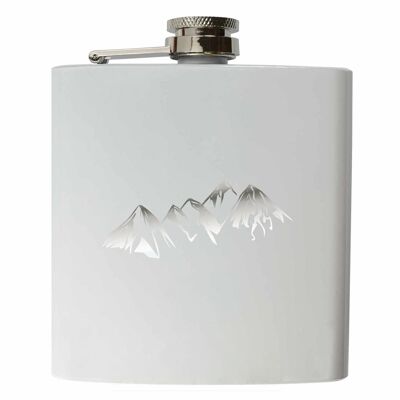 White stainless steel hip flask with mountain motif